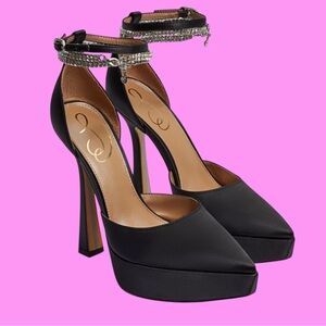 SAM EDELMAN✨Black Satin Platform Stiletto🎀Rhinestone Ankle Chain🎀Size 8✨
